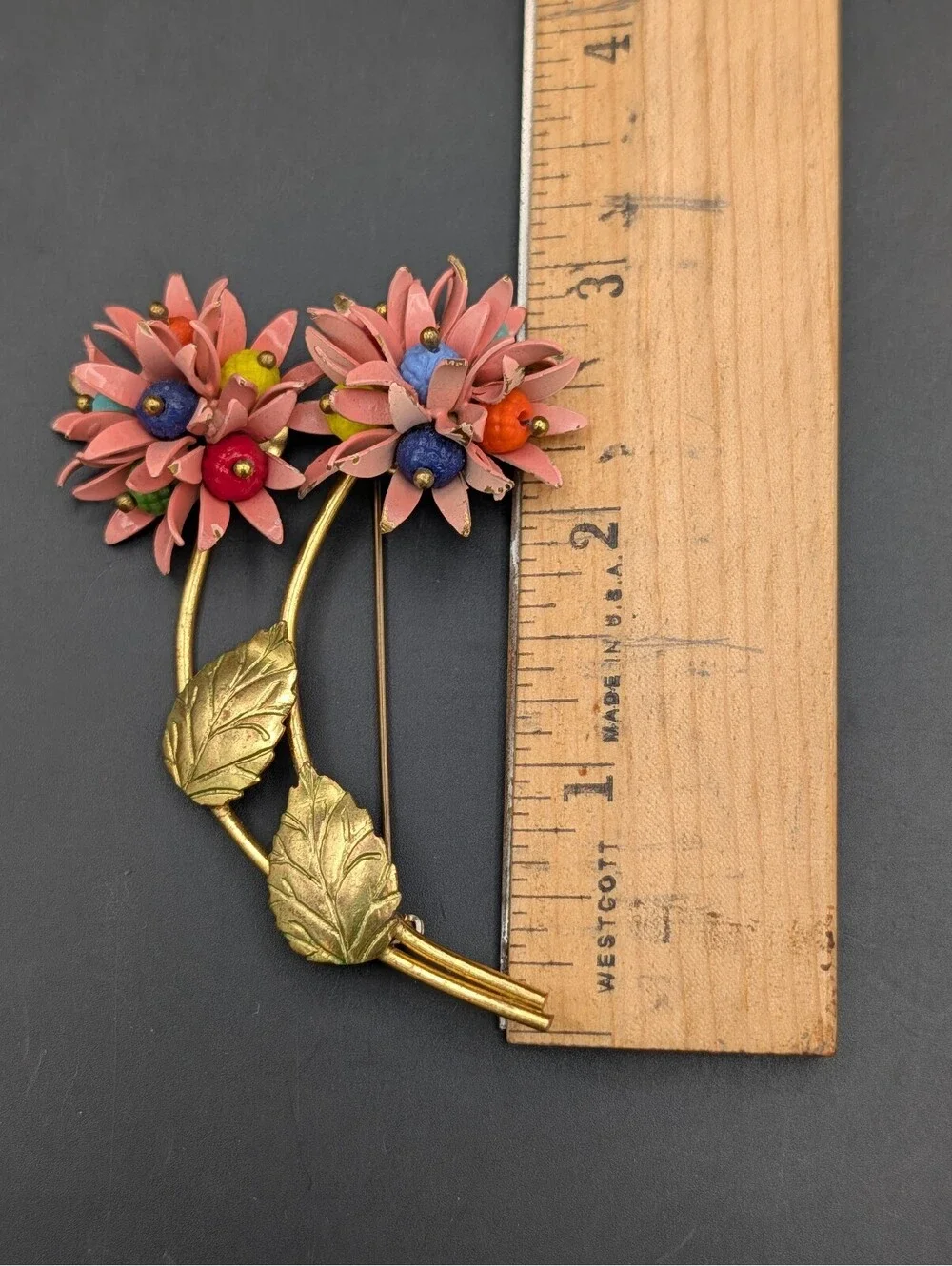 Vintage 1950s Pink Enamel Flower Brooch Hand Wired Molded Glass Bead Cluster